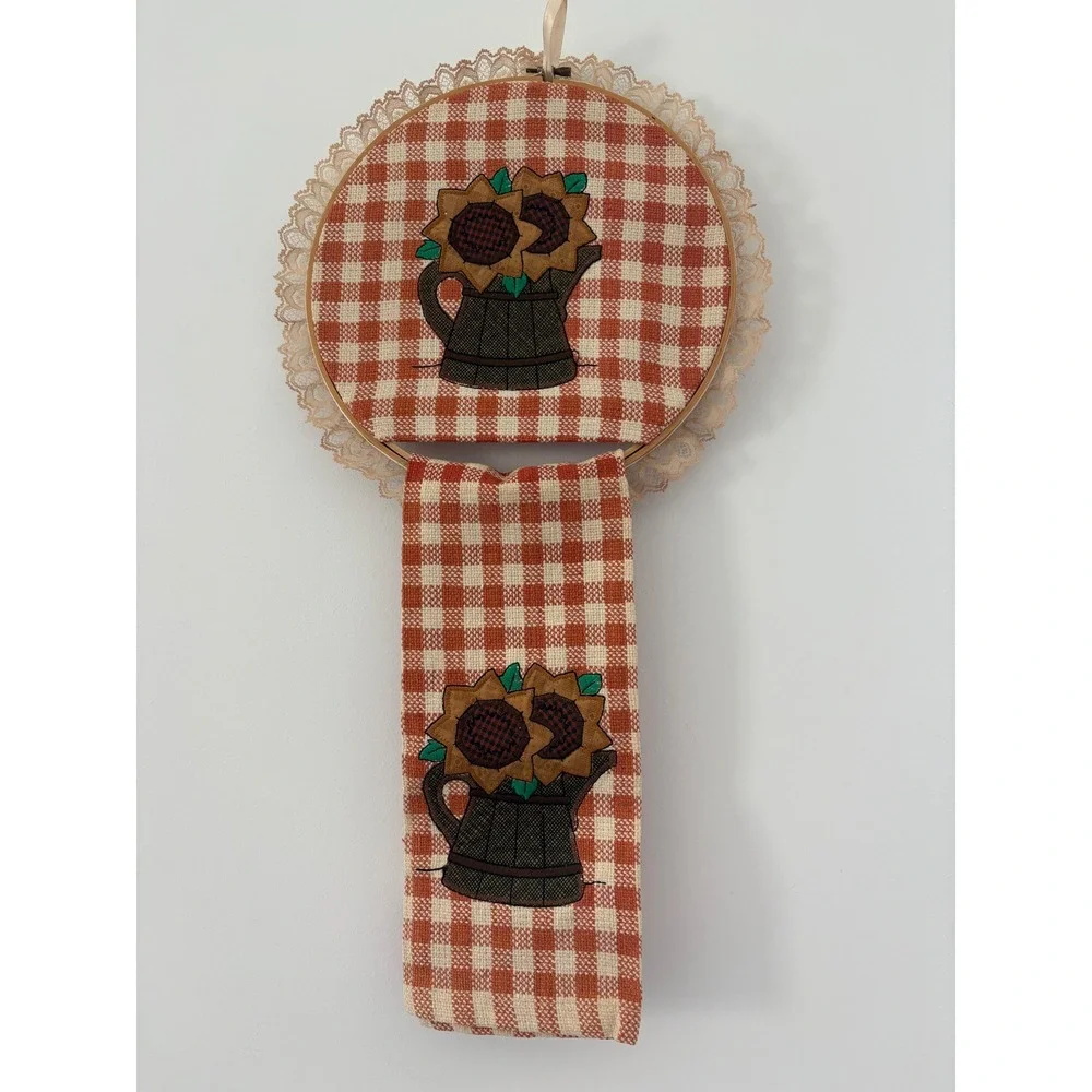 Handmade Sunflower Gingham Kitchen Towel Holder Set Orange Lace Trim Farmhouse